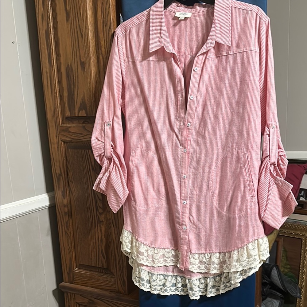 Umgee Pink Striped Button-Up Blouse with Lace Hem